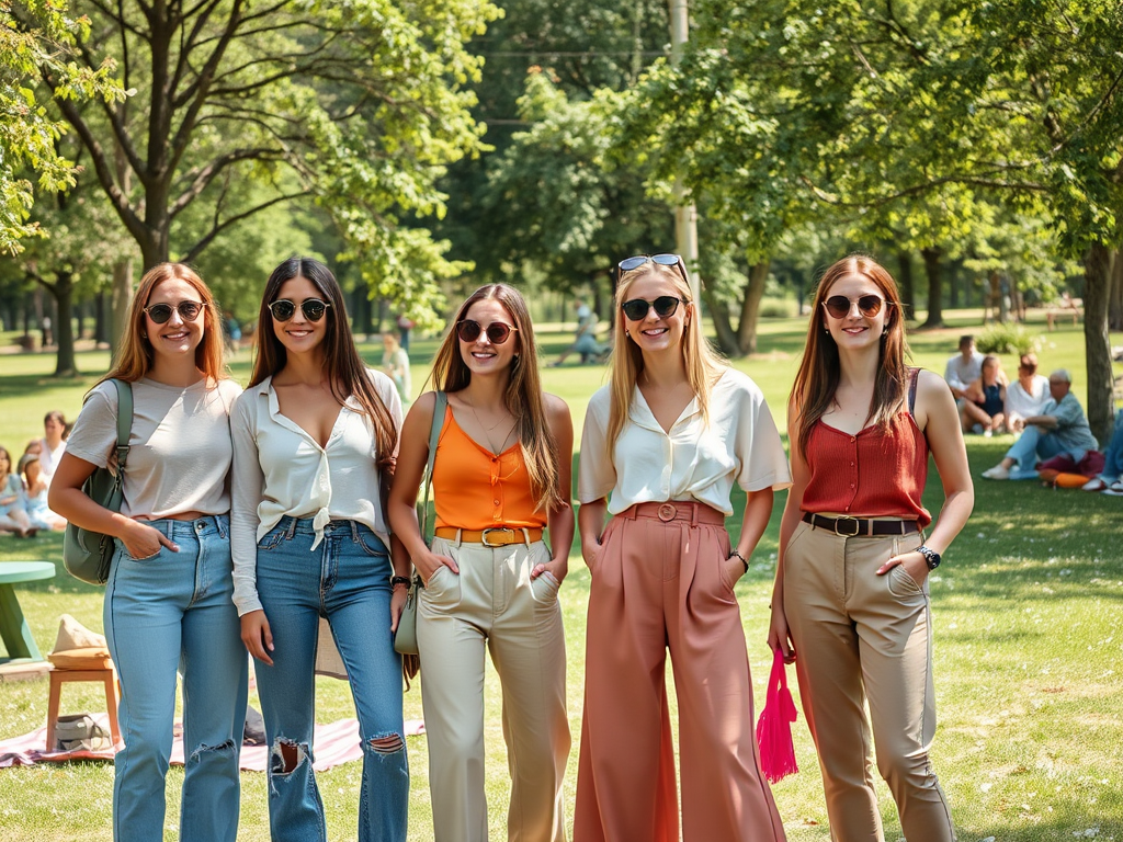 Cinq femmes souriantes se tiennent côte à côte, vêtues de tenues estivales, dans un parc ensoleillé.