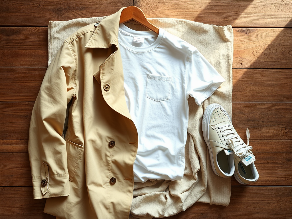 Vêtement par terre : un trench beige, un T-shirt blanc et des baskets blanches, sur une couverture beige.