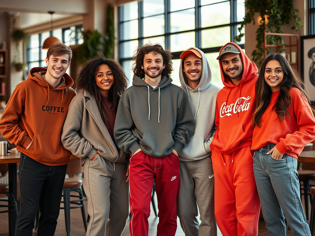 Un groupe de six jeunes adultes souriants, portant des sweats colorés, pose ensemble dans un café lumineux.