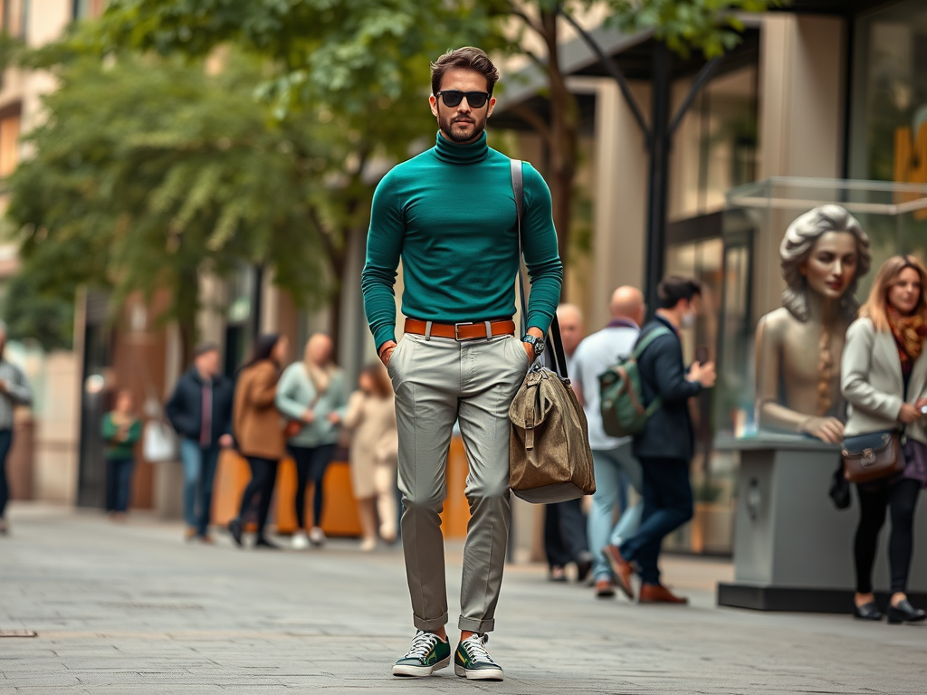 Un homme élégant en chemise verte et pantalon clair marche dans une rue animée, portant un sac.