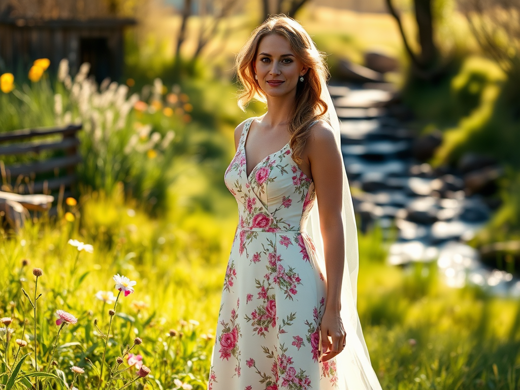 Femme souriante en robe à fleurs, debout dans un champ ensoleillé avec un ruisseau en arrière-plan.