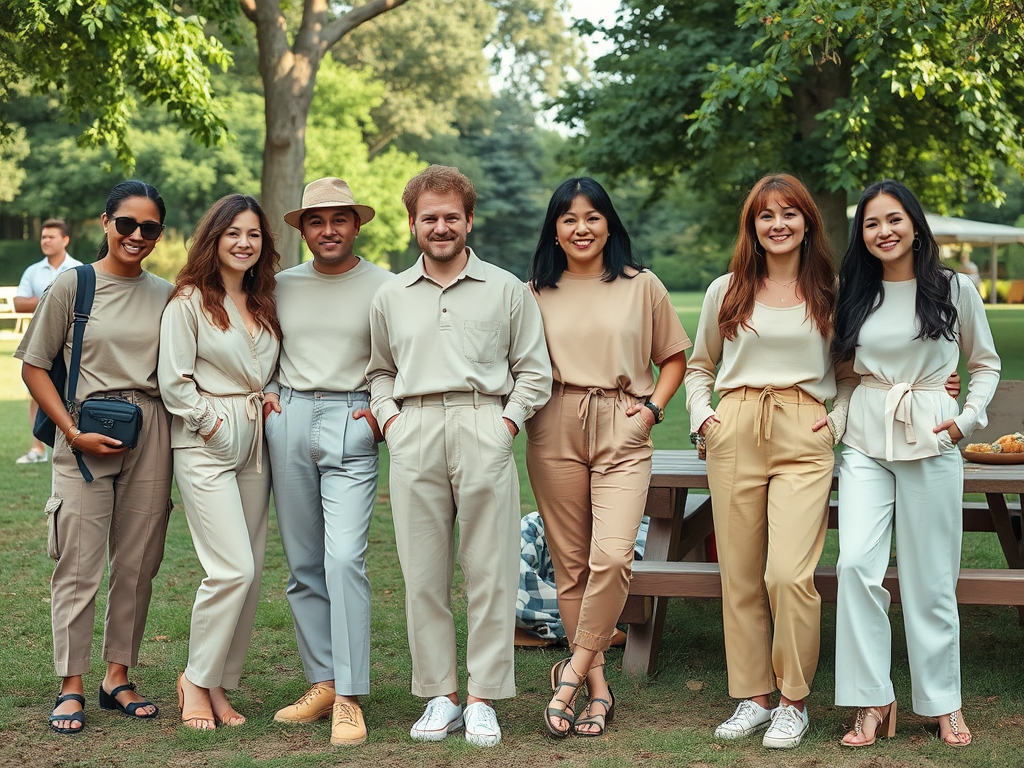 Un groupe de sept personnes porte des tenues coordonnées dans un parc, souriant et se tenant debout ensemble.