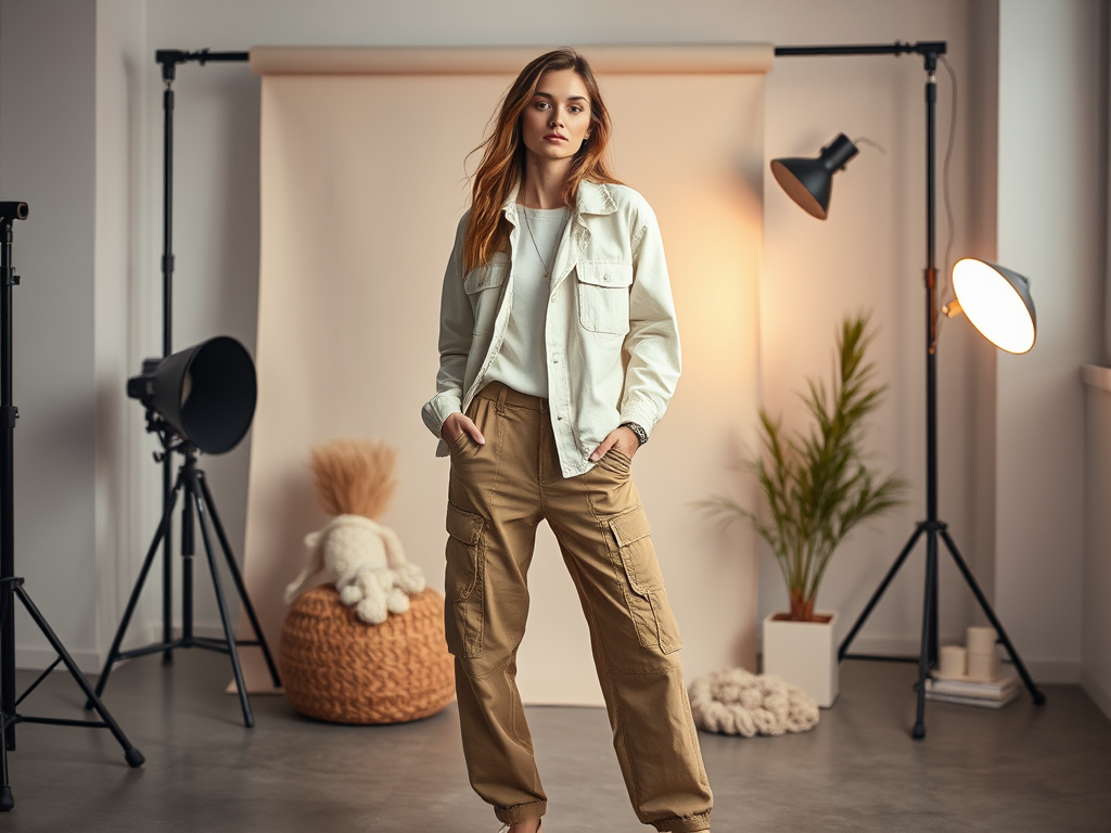 Une jeune femme en vêtements décontractés pose dans un studio bien éclairé, avec des accessoires de photographie.