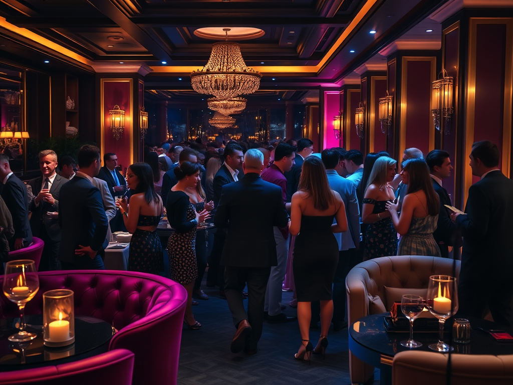 Une soirée animée dans un lounge élégant, avec des invités en tenue chic discutant autour de tables lumineuses.