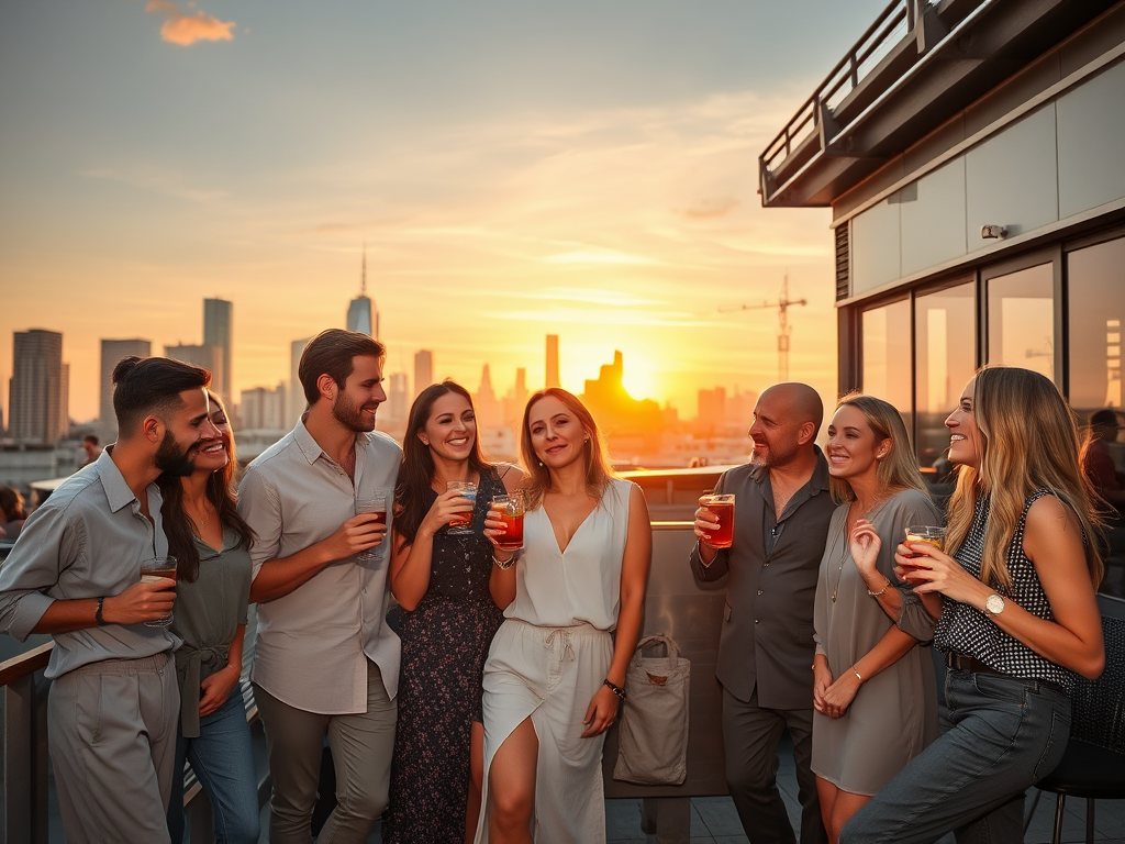 Un groupe d'amis passe un bon moment sur un toit, admirant le coucher de soleil avec des boissons en main.