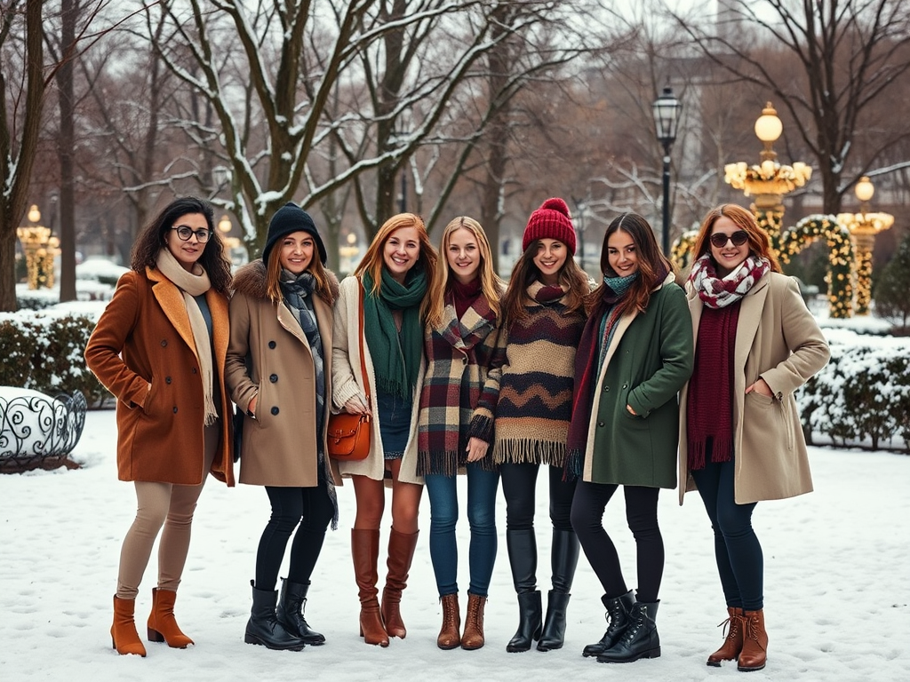 Sept femmes souriantes se tiennent dans la neige, vêtues de manteaux et écharpes, entourées d'arbres.