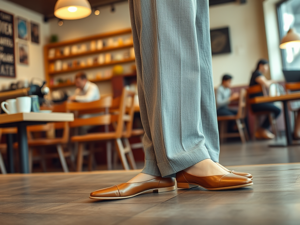 Une personne portant des chaussures en cuir marron et un pantalon élégant se tient dans un café animé.