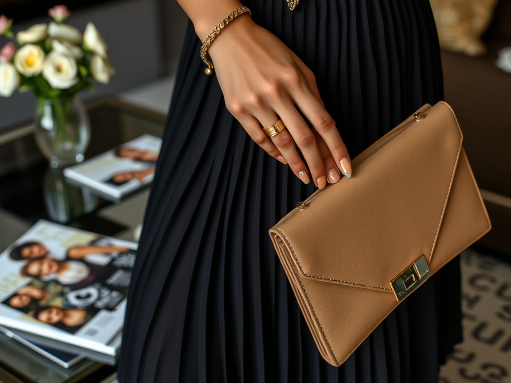 Une main féminine tient un sac à main beige, avec des magazines et des fleurs en arrière-plan. élégance et style.