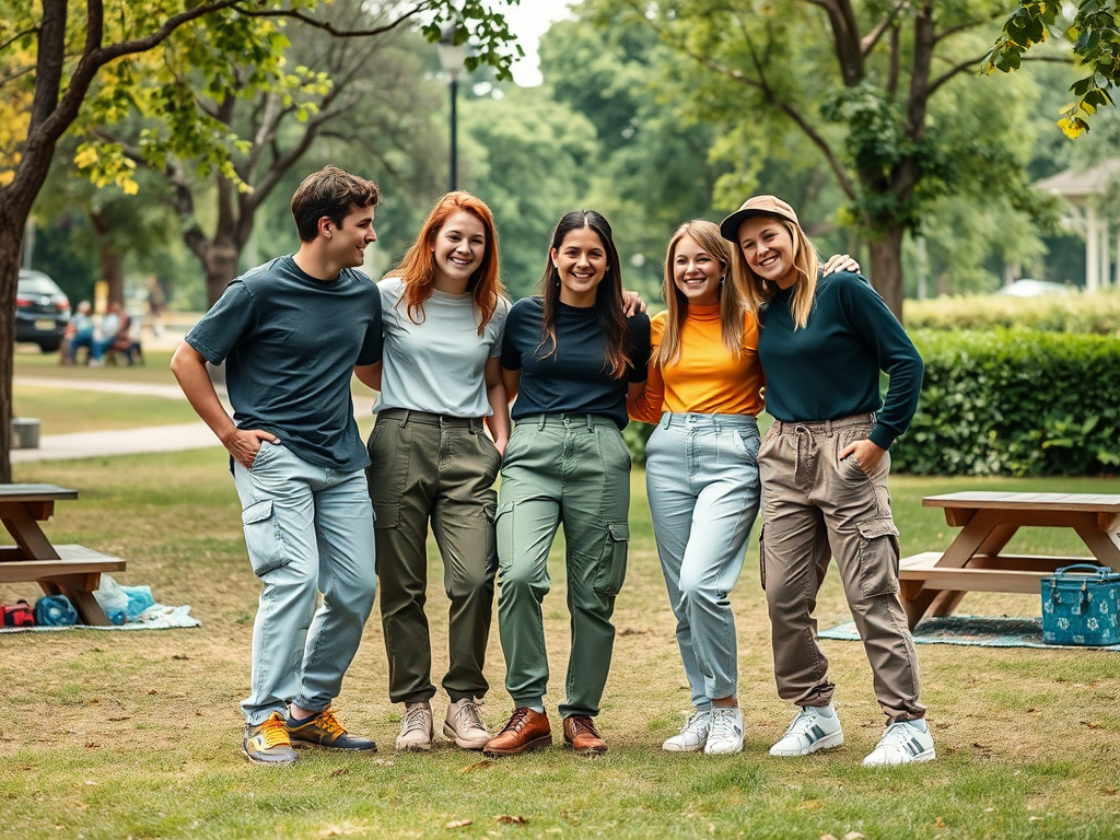 Cinq amis souriants posent ensemble dans un parc, vêtus de tenues décontractées et élégantes.