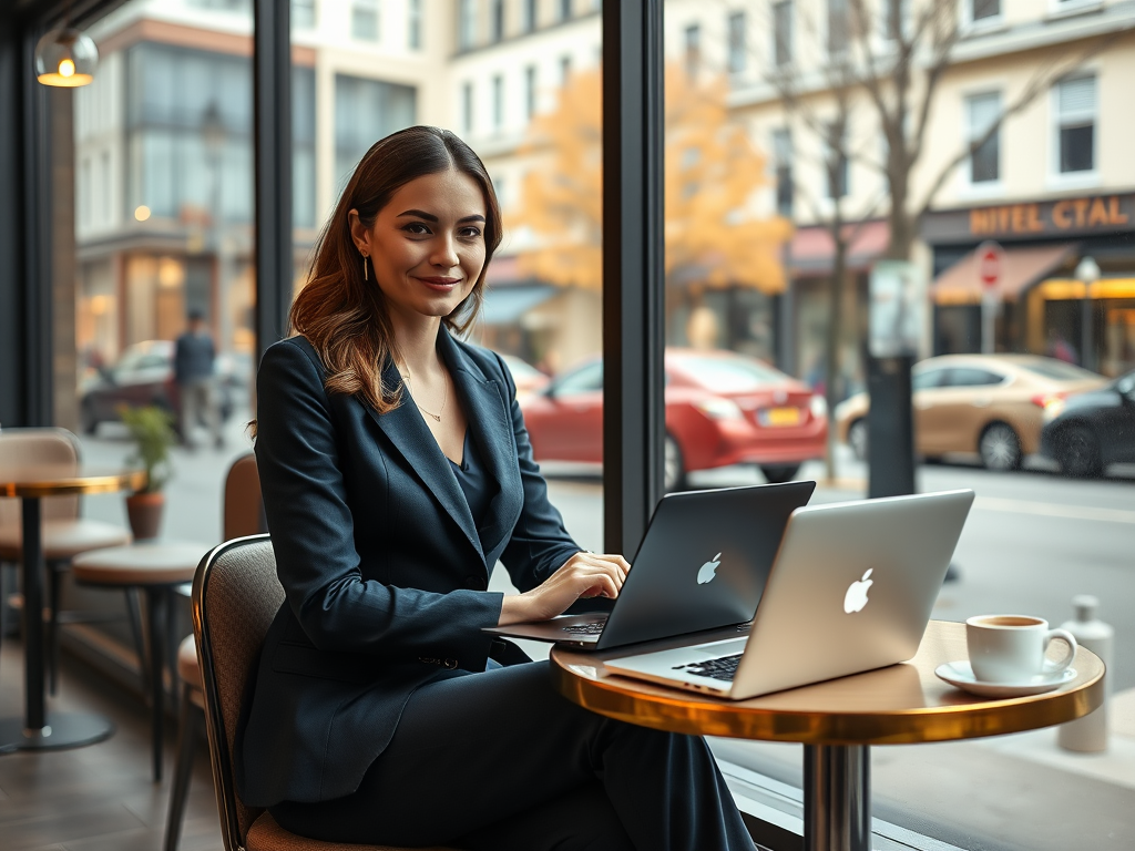 Une femme souriante en costume est assise à une table de café, travaillant sur deux ordinateurs portables.