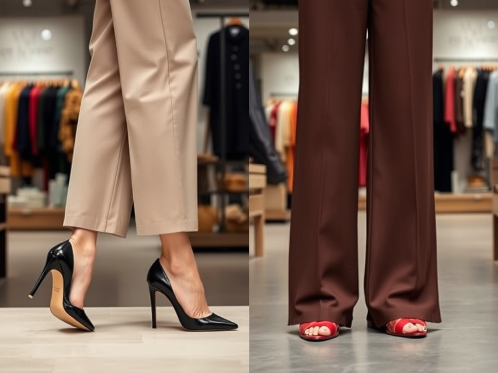 Deux styles de chaussures : des escarpins noirs à talons hauts et des sandales rouges, affichés dans un magasin.