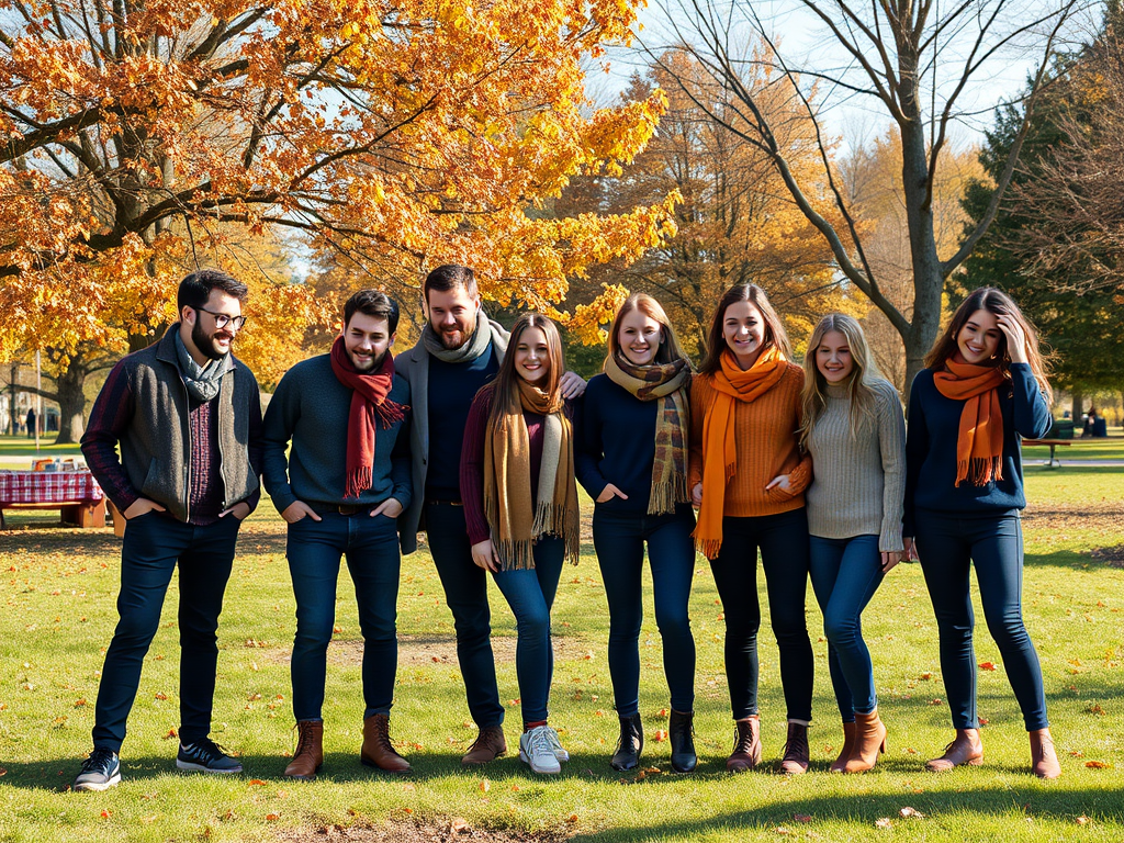 Un groupe d'amis souriants pose dans un parc en automne, entouré d'arbres aux feuilles dorées.