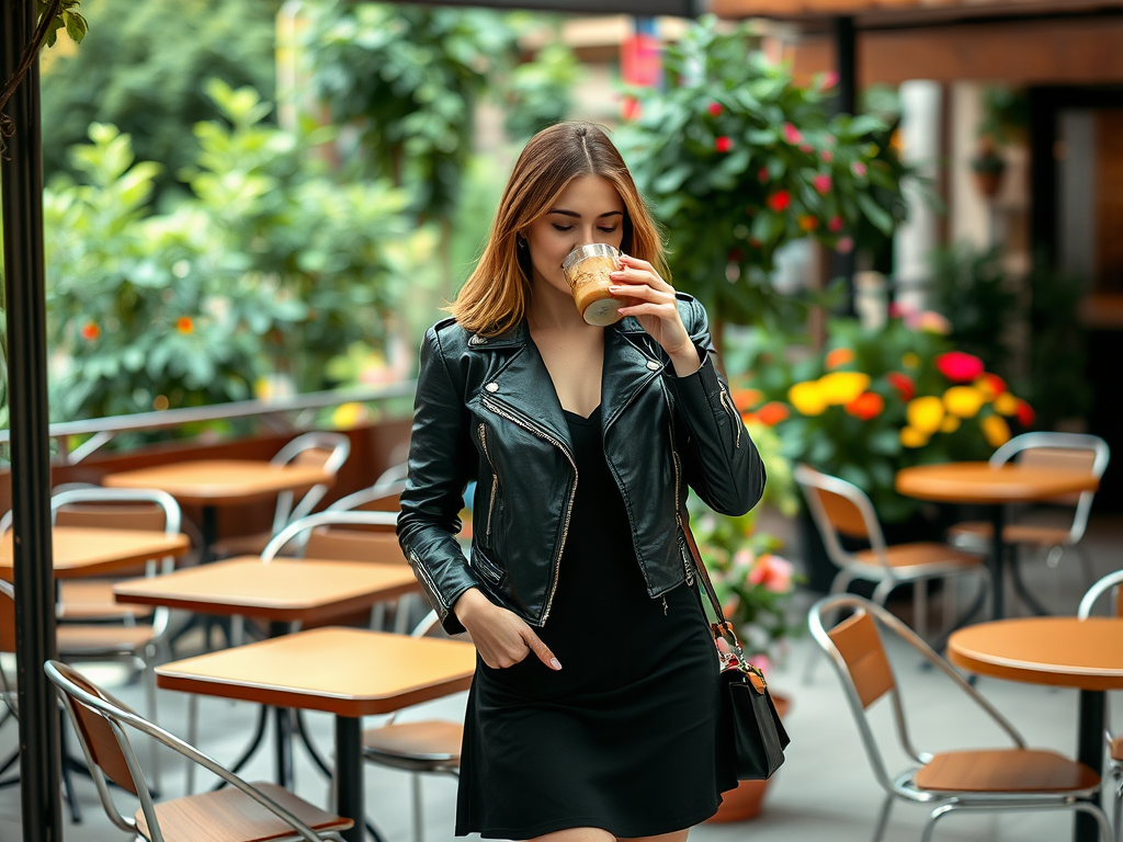 Une femme en robe noire et veste en cuir boit un café dans un café rempli de plantes et de fleurs colorées.