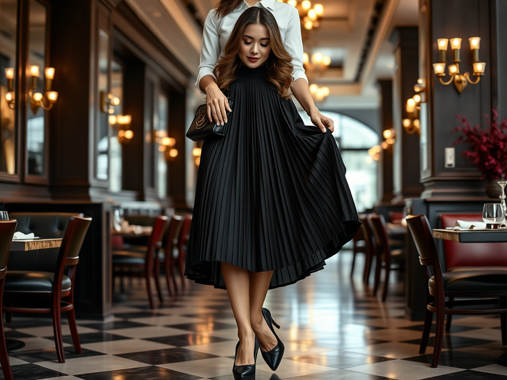 Une femme en robe plissée noire marche dans un restaurant élégant avec un décor chaleureux et confortable.