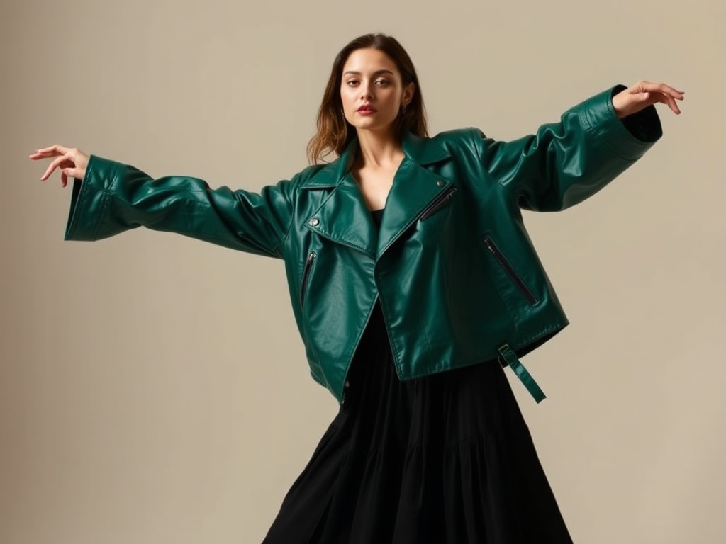 Une femme en veste en cuir verte et robe noire pose en étendant les bras, avec un fond neutre.