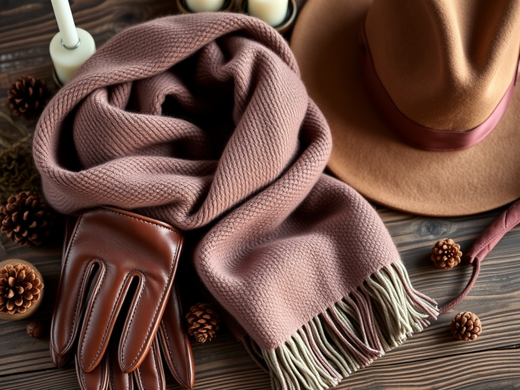 Accessoires d'automne : écharpe rose, gants en cuir marron et chapeau beige, entourés de pommes de pin et de bougies.