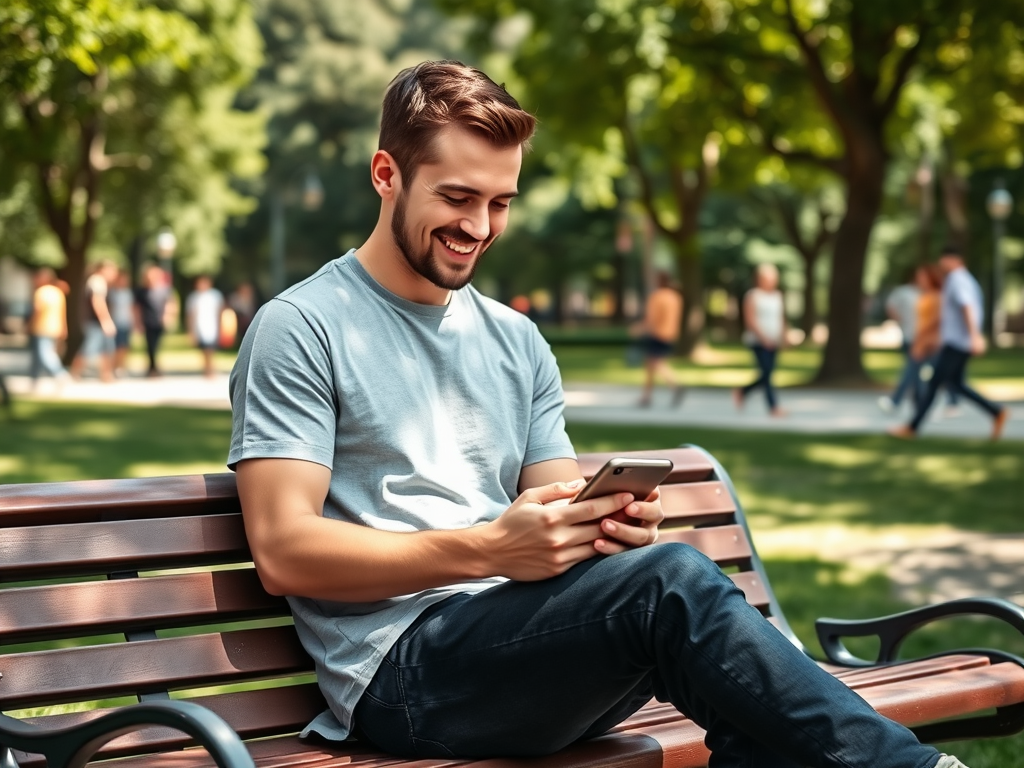 Un jeune homme souriant assis sur un banc, regardant son téléphone dans un parc ensoleillé.