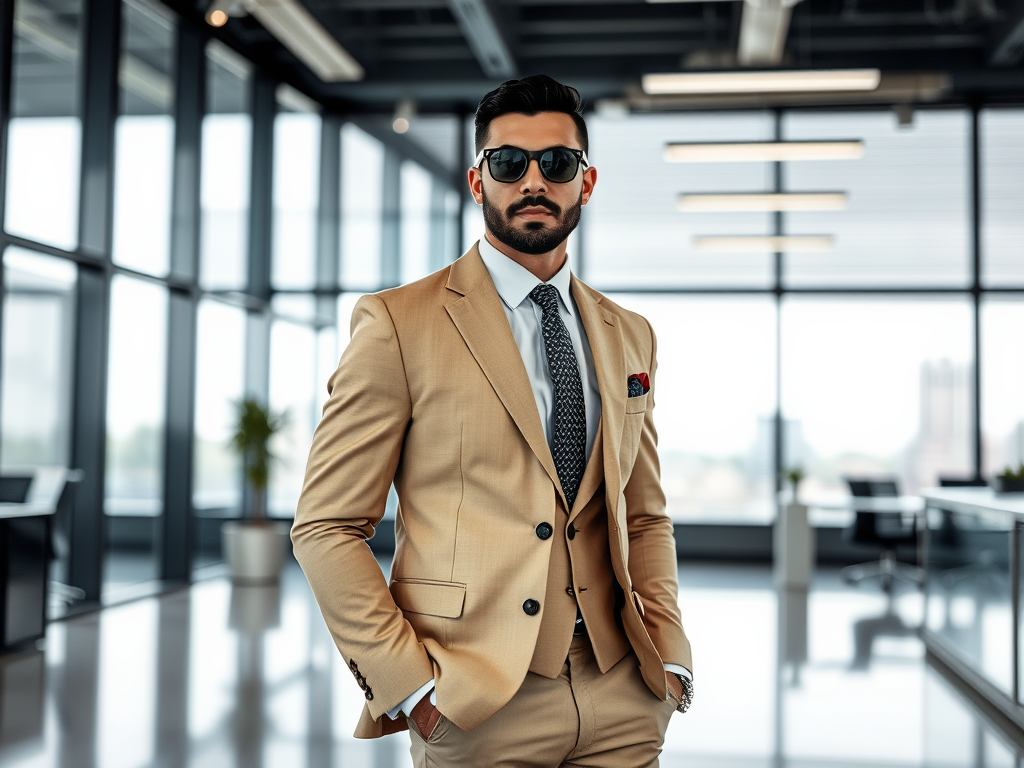 Un homme en costume beige avec des lunettes de soleil, se tenant dans un bureau moderne et lumineux.