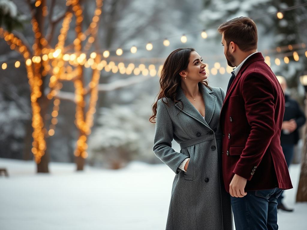 Un couple souriant dans la neige, éclairé par des guirlandes lumineuses, partage un moment romantique.