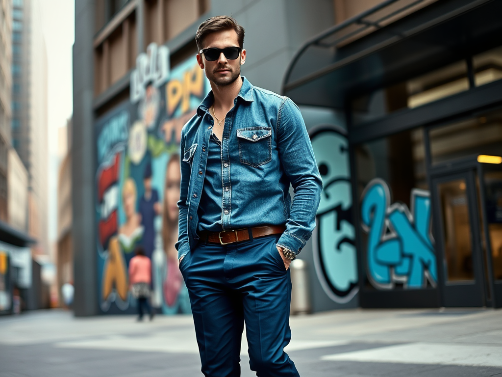 Un homme stylé en denim et lunettes de soleil se tient devant un mur graffiti dans une rue urbaine.