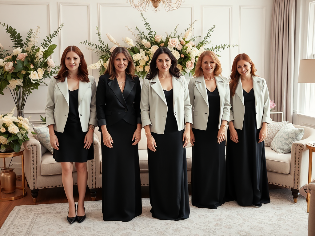 Cinq femmes élégantes, vêtues de robes noires et de vestes claires, posent devant des arrangements floraux.