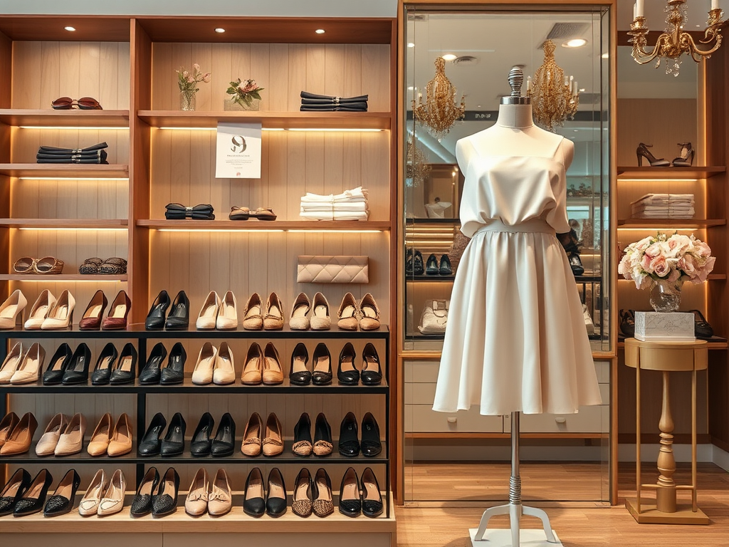 Magasin de vêtements avec une robe élégante sur un mannequin et des chaussures assorties en arrière-plan.