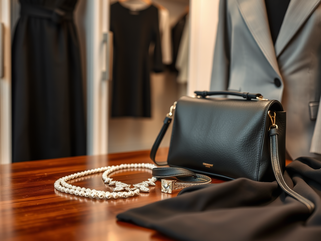 Un sac noir, des bijoux scintillants et des vêtements élégants sur une table en bois. Ambiance mode raffinée.
