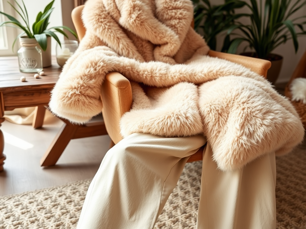 Un fauteuil en bois avec un manteau en fausse fourrure beige posé sur les bras, dans une pièce lumineuse et accueillante.