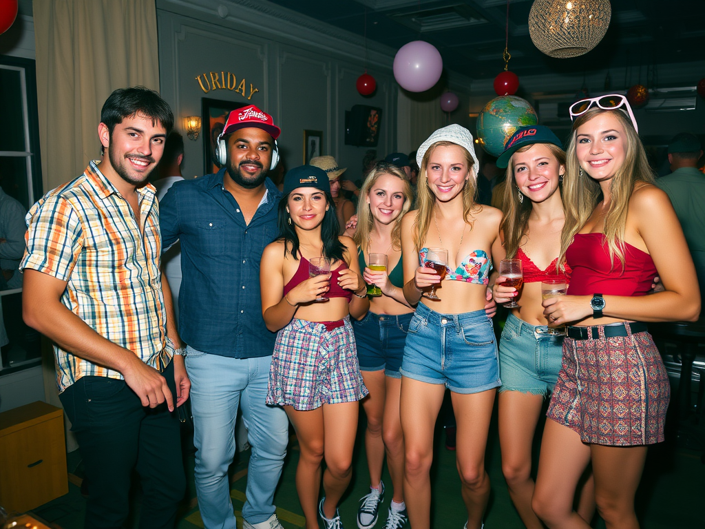 Un groupe d'amis se pose en soirée, souriant et tenant des verres, dans une atmosphère festive.