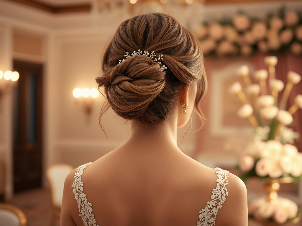 Une jeune femme vue de dos, avec une coiffure élégante, dans une salle décorée de fleurs.