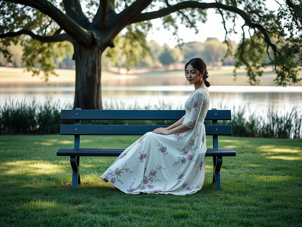 Une femme en robe blanche à fleurs assise sur un banc au bord d'un lac, entourée d'arbres.