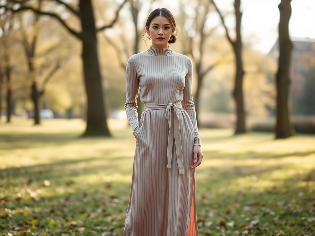 Femme en robe longue et cintrée, posant dans un parc avec de grands arbres, sous une lumière douce d'automne.