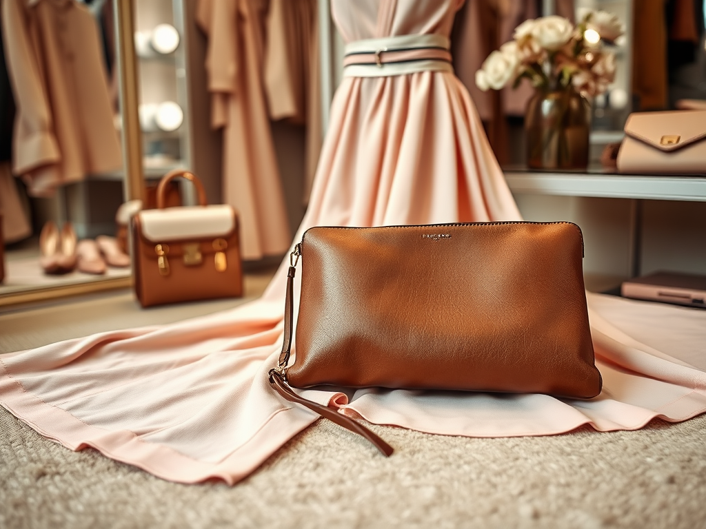 Une pochette en cuir marron se trouve sur un drapé rose, avec une robe et des accessoires en arrière-plan.