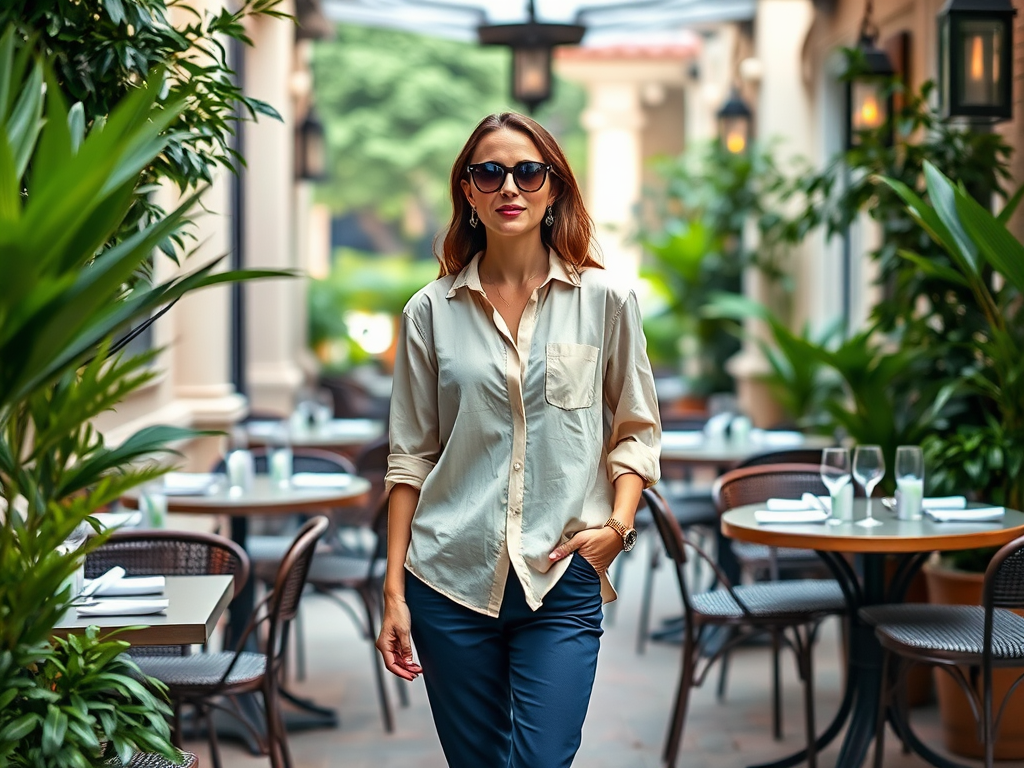 Une femme élégante avec des lunettes de soleil marche dans un restaurant en plein air, entourée de verdure.